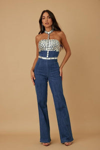 DIAMOND STUDDED HALTER TOP DENIM  FLARE JUMPSUIT PRIVILEGE