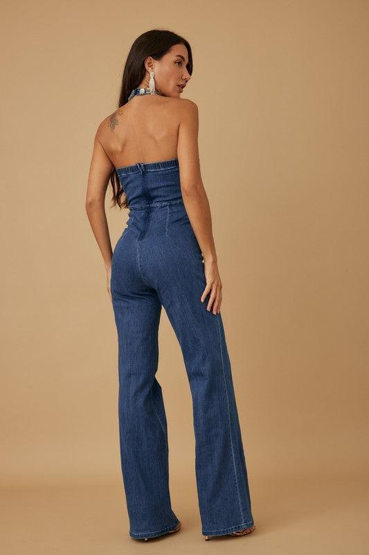 DIAMOND STUDDED HALTER TOP DENIM  FLARE JUMPSUIT PRIVILEGE