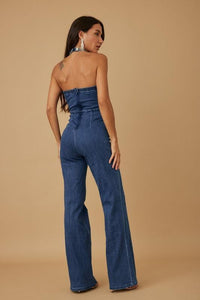 DIAMOND STUDDED HALTER TOP DENIM  FLARE JUMPSUIT PRIVILEGE