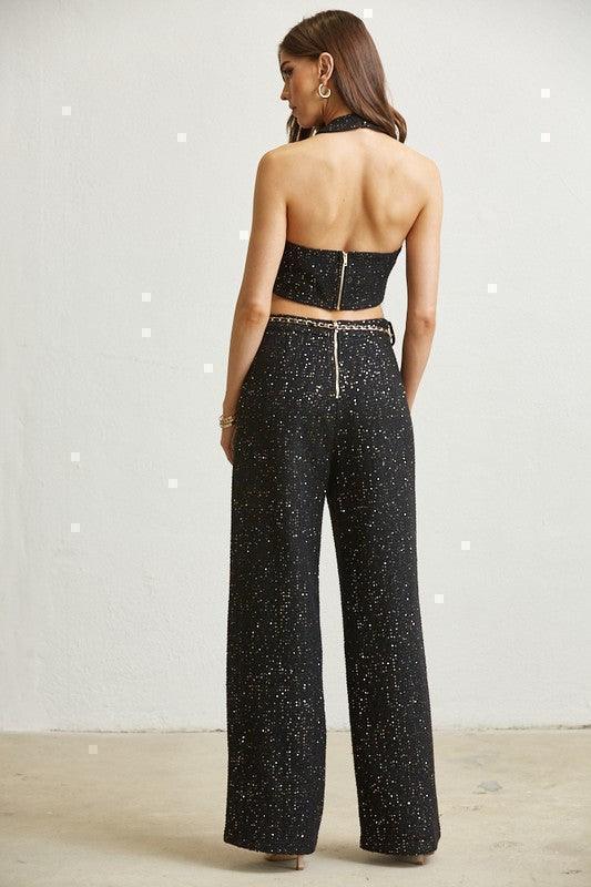 CHANNEL  TWEED CROP TOP AND FLARE PANT SET PRIVILEGE