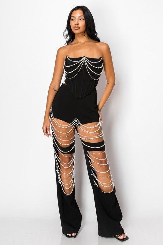 RHINESTONE PERAL CORSET AND CUTUP JEAN SET PRIVILEGE