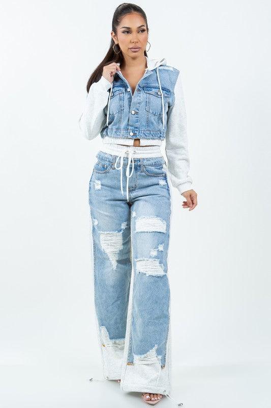 TWO TONE DENIM AND FRENCH TERRY DENIM JACKET JEAN SET