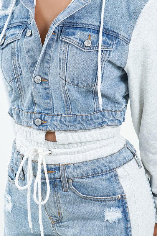 TWO TONE DENIM AND FRENCH TERRY DENIM JACKET JEAN SET