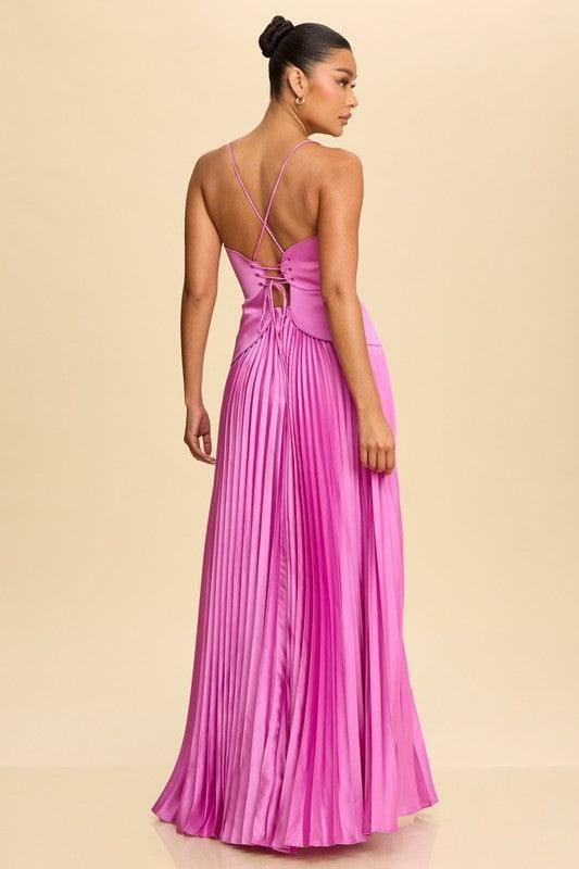 PLEATED MAXI LACE BACK DRESS PRIVILEGE