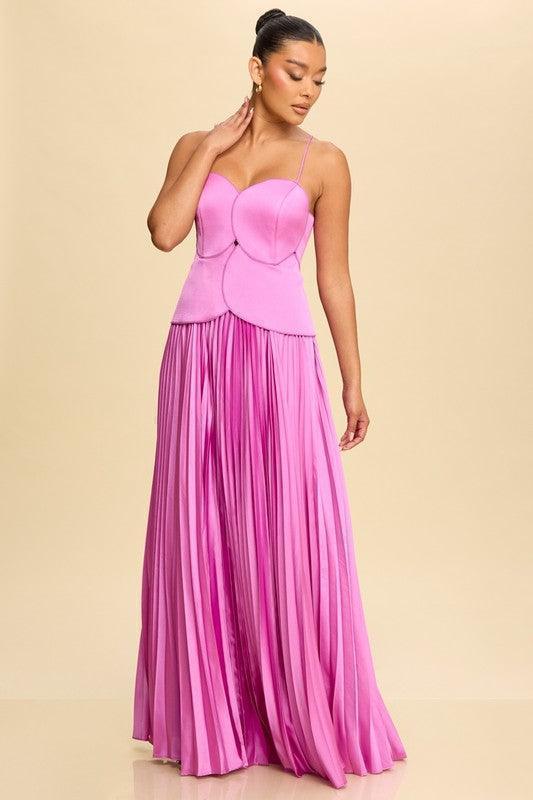 PLEATED MAXI LACE BACK DRESS PRIVILEGE