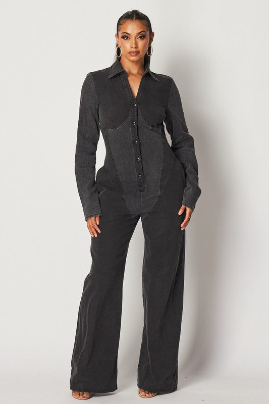 Be Somebody Long Sleeve Knit Jumpsuit - Button Front with Pockets
