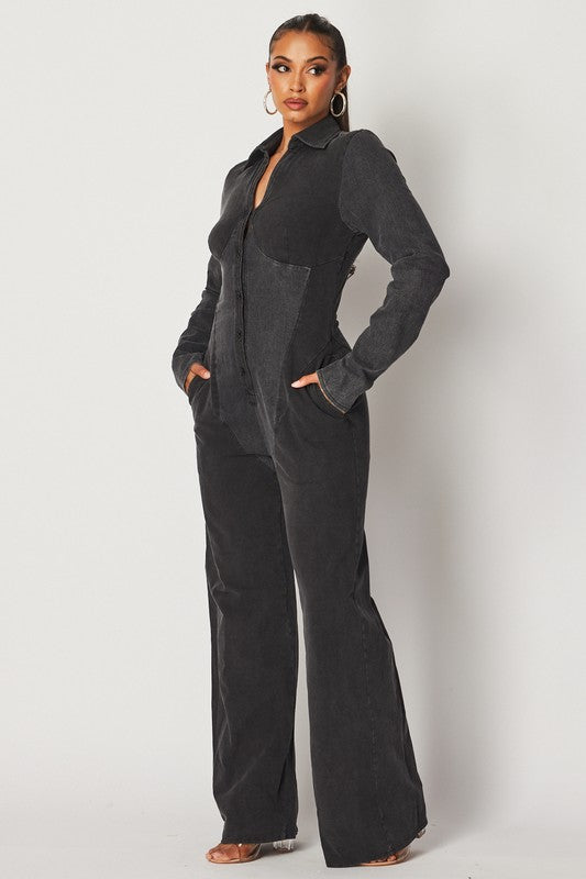 Be Somebody Long Sleeve Knit Jumpsuit - Button Front with Pockets
