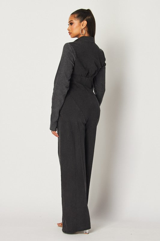 Be Somebody Long Sleeve Knit Jumpsuit - Button Front with Pockets