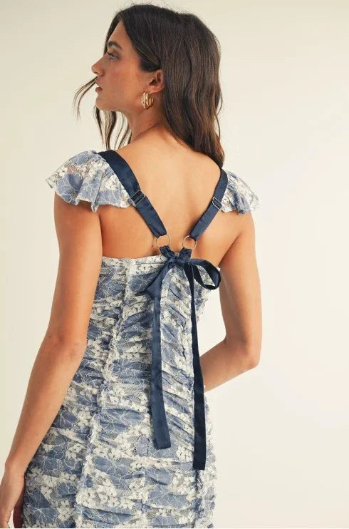 FLORAL LACE RUCHED MIDI DRESS PRIVILEGE
