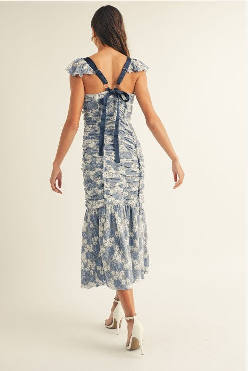FLORAL LACE RUCHED MIDI DRESS