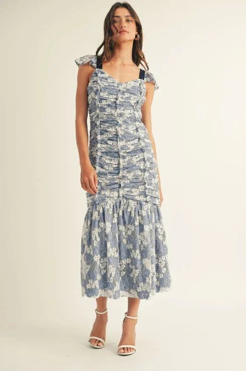 FLORAL LACE RUCHED MIDI DRESS PRIVILEGE