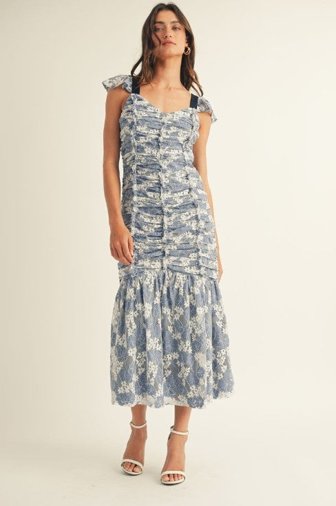 FLORAL LACE RUCHED MIDI DRESS