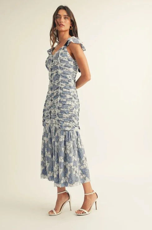 FLORAL LACE RUCHED MIDI DRESS PRIVILEGE