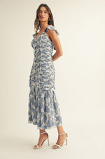 FLORAL LACE RUCHED MIDI DRESS