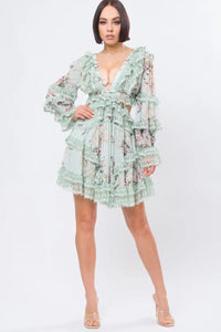 Woven Print Open-Back Strap Ruffle Dress
