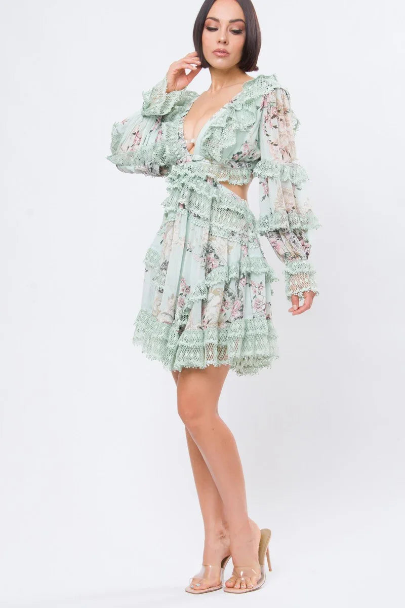 Woven Print Open-Back Strap Ruffle Dress