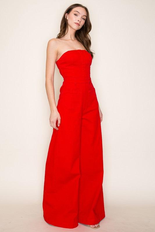 OFF SHOULDER WIDE LEG DENIM JUMPSUIT PRIVILEGE