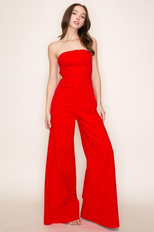 OFF SHOULDER WIDE LEG DENIM JUMPSUIT PRIVILEGE