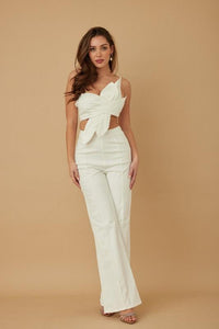 SINGLE STRAP WRAP FLOWER DENIM PANT SET PRIVILEGE