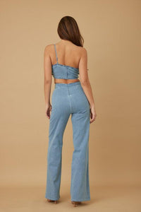 SINGLE STRAP WRAP FLOWER DENIM PANT SET PRIVILEGE