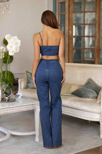 SINGLE STRAP WRAP FLOWER DENIM PANT SET PRIVILEGE