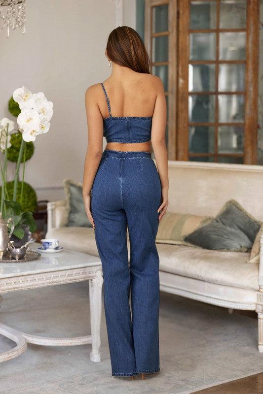 SINGLE STRAP WRAP FLOWER DENIM PANT SET PRIVILEGE