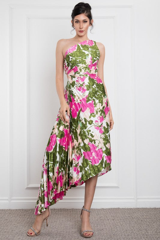 ONE SHOULDER PLEATED SIDE ZIP UP MAXI DRESS