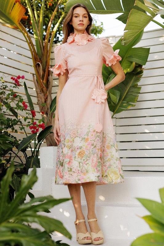 3D Floral High Neck Short sleeve Midi Dress PRIVILEGE
