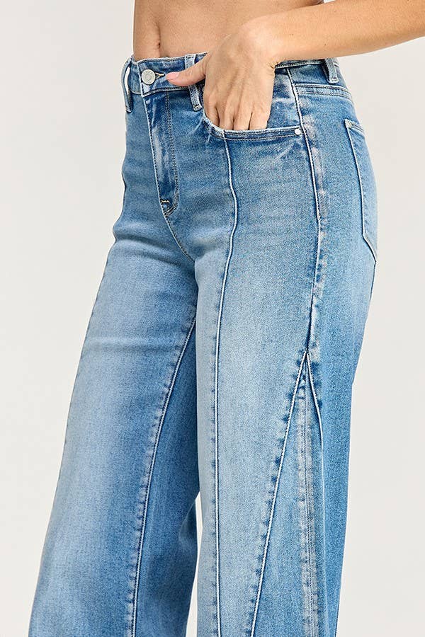 Super Stretch High Rise Wide Leg Jeans with Seam Detail — Light Wash