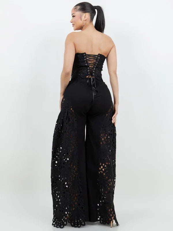 CORSET LACE TOP WITH FLARE CUTOUT LACE FLARE PANT PRIVILEGE