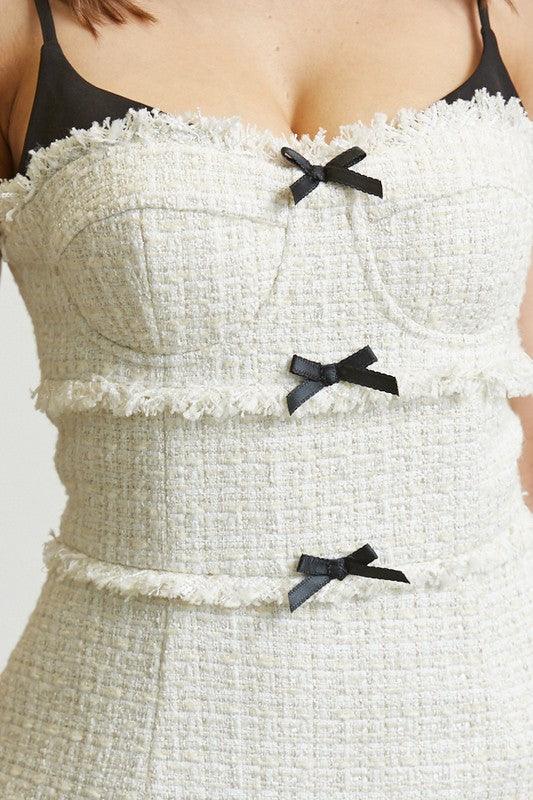 FRAYED TWEED RIBBON BOW MINI DRESS PRIVILEGE