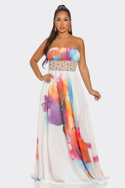 OFF-SHOULDER SLEEVELESS COLORFUL PRINTED  MAXI DRESS PRIVILEGE