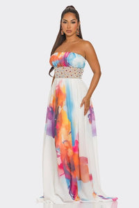 OFF-SHOULDER SLEEVELESS COLORFUL PRINTED  MAXI DRESS PRIVILEGE