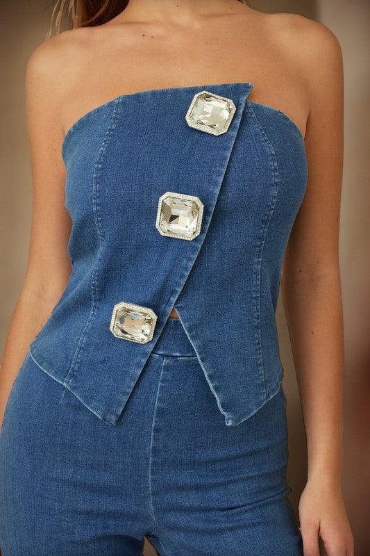 TRIO CRYSTAL STONE STRAPLESS  DENIM JUMPSUIT PRIVILEGE