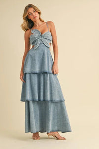 DENIM FLOWER FRONT TIERED RUFFLED FLARE MAXI DRESS PRIVILEGE