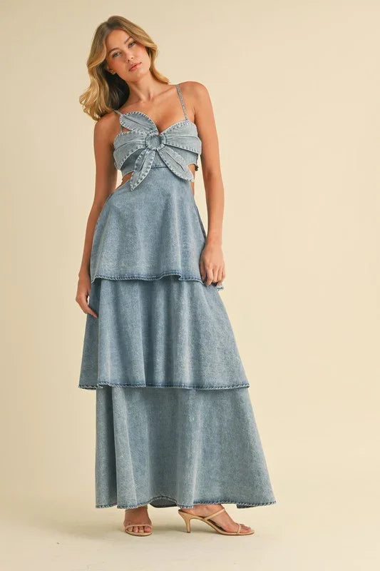 DENIM FLOWER FRONT TIERED RUFFLED FLARE MAXI DRESS PRIVILEGE