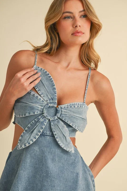 DENIM FLOWER FRONT TIERED RUFFLED FLARE MAXI DRESS PRIVILEGE