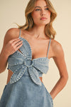 DENIM FLOWER FRONT TIERED RUFFLED FLARE MAXI DRESS