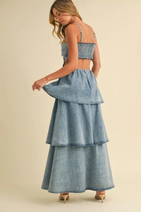 DENIM FLOWER FRONT TIERED RUFFLED FLARE MAXI DRESS PRIVILEGE