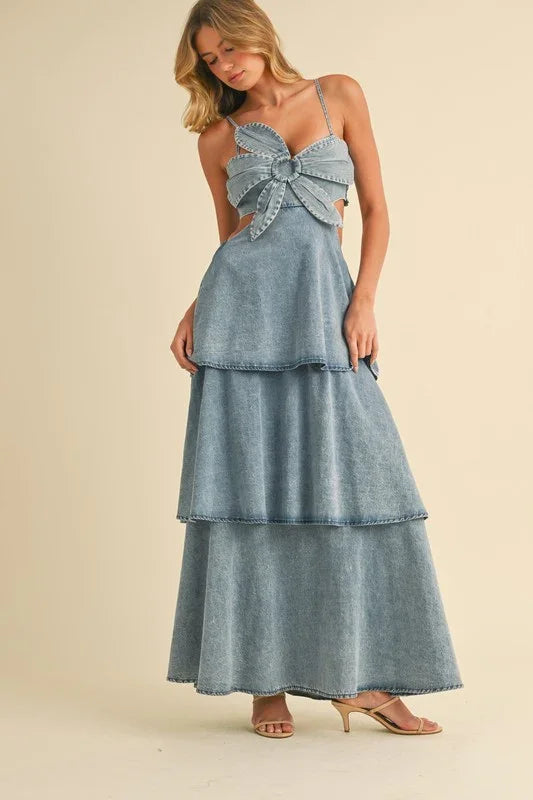 DENIM FLOWER FRONT TIERED RUFFLED FLARE MAXI DRESS PRIVILEGE