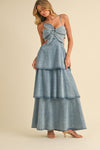DENIM FLOWER FRONT TIERED RUFFLED FLARE MAXI DRESS