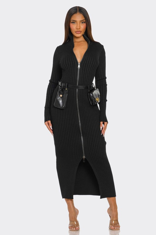 Ribbed Knit Utility Midi Dress