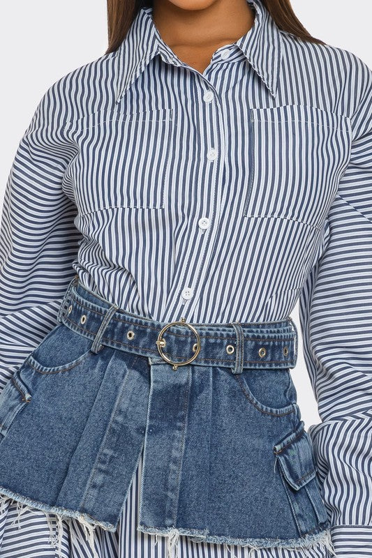 Striped Shirt Dress with Denim Corset