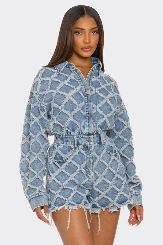 Distressed Quilted Denim Romper