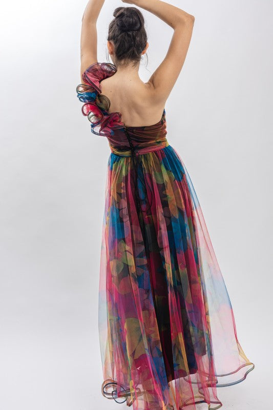 One Shoulder Back Lace Up Floral Mesh Dress rainbow delight