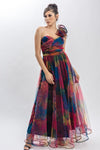 One Shoulder Back Lace Up Floral Mesh Dress rainbow delight