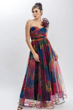 One Shoulder Back Lace Up Floral Mesh Dress rainbow delight