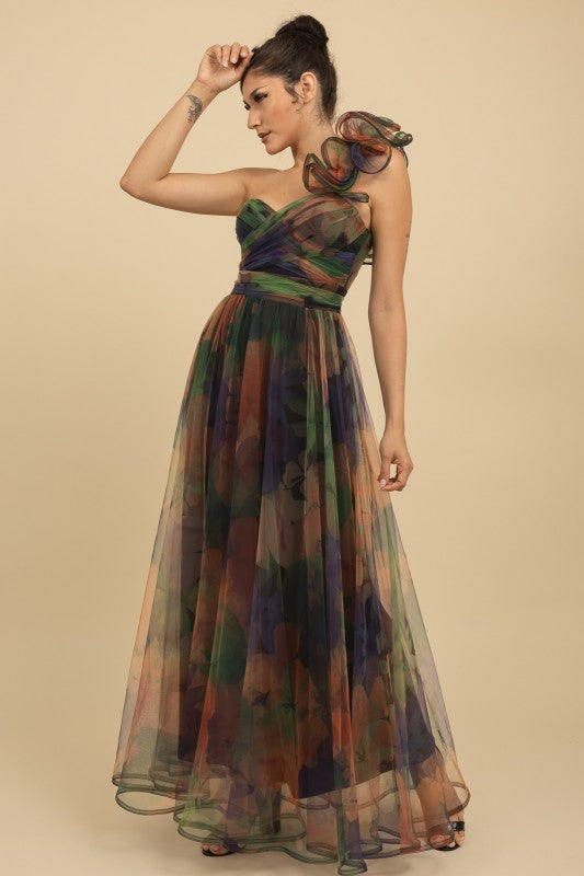 One Shoulder Back Lace Up Floral Mesh Dress rainbow delight