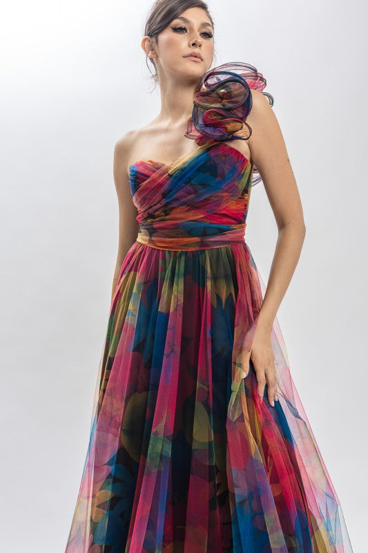 One Shoulder Back Lace Up Floral Mesh Dress rainbow delight