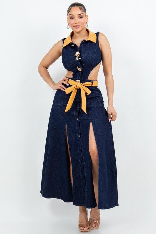 Denim Maxi Dress with Slits open waist PRIVILEGE